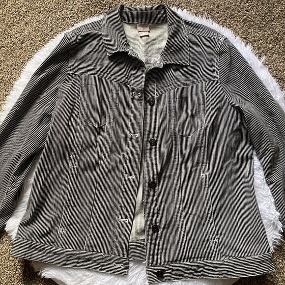 Chicos Striped Jean Jacket Button Front Black White Womens Size XL - Picture 12 of 16
